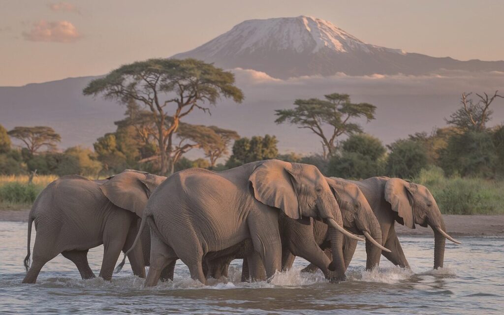 ai generated, elephants, herd, kilimanjaro, amboseli, kenya, safari, africa, wilderness, african wildlife, animals