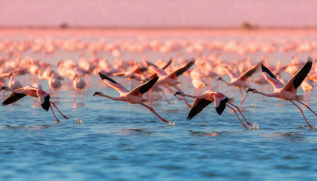 flamingos, kenya, lake nakuru, wildlife, birds, africa, nature, flight, migration, pink, flock, waterfowl, safari, african wildlife, golden hour, takeoff, ai generated